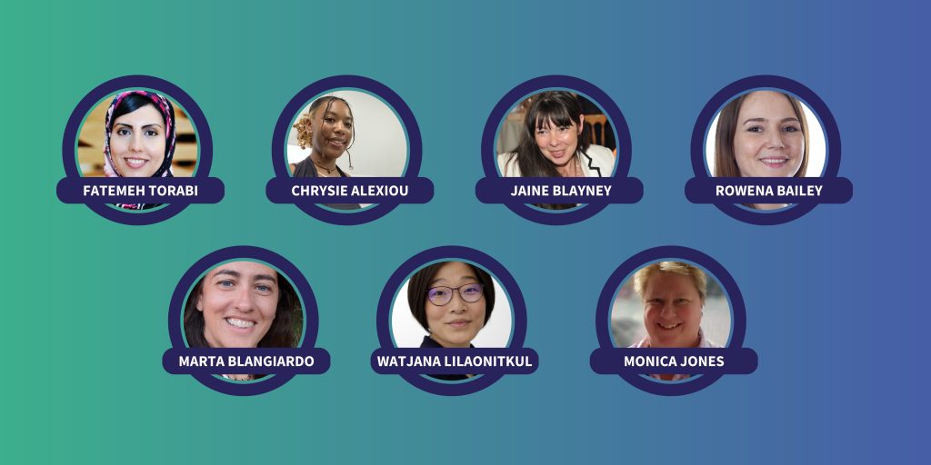 Images of seven women in health data science - Fatemeh Torabi, Chrysie Alexiou, Jaine Blayney, Rowena Bailey, Marta Blangiardo, Watjana Lilaonitkiul, Monica Jones